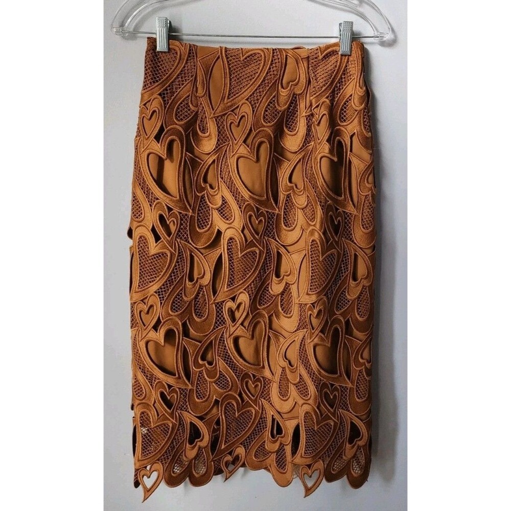 Celford Heart Lace Embroidered Tan lined pencil straight elegant skirt size 36 6